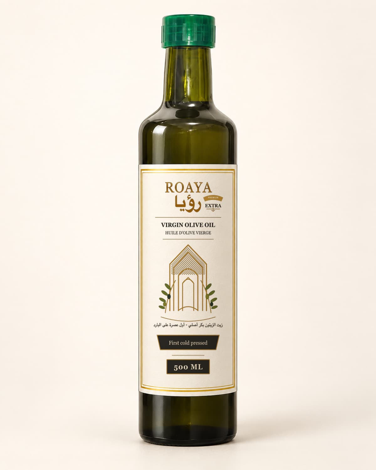One complete bottle of ROAYA Virgin Olive Oil, 500 ml