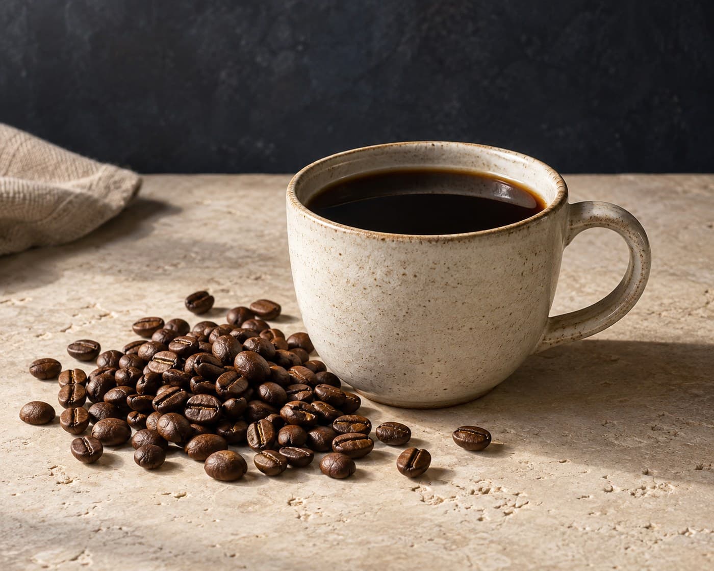 Black coffee with roasted Arabica coffee beans on warm limestone