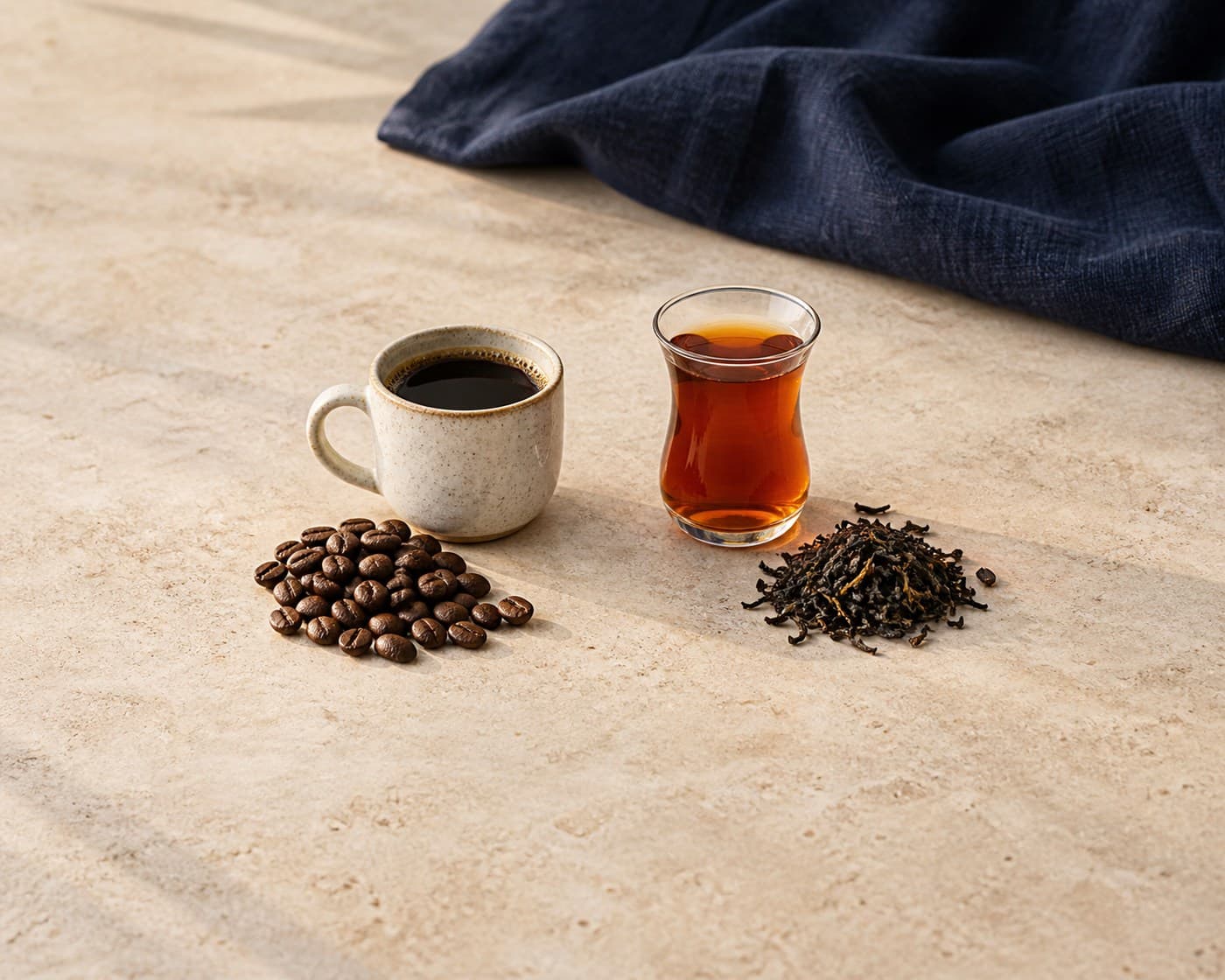 Arabica coffee with roasted beans and black tea with loose leaves