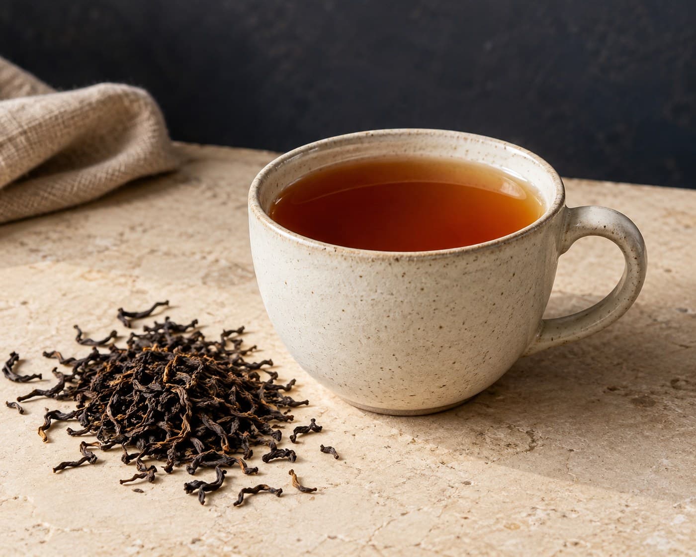 Black tea with loose tea leaves on warm limestone