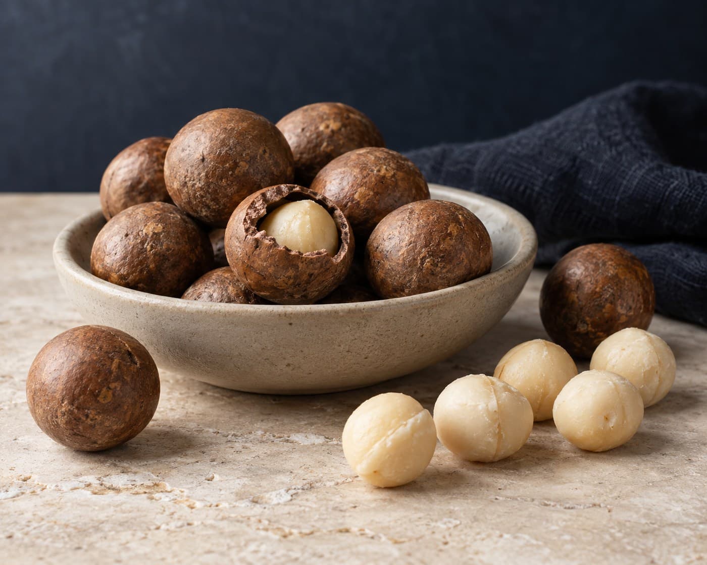In-shell macadamias and shelled macadamia kernels on warm limestone