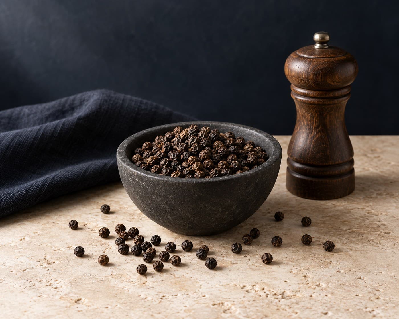 Whole black peppercorns with a wooden pepper mill