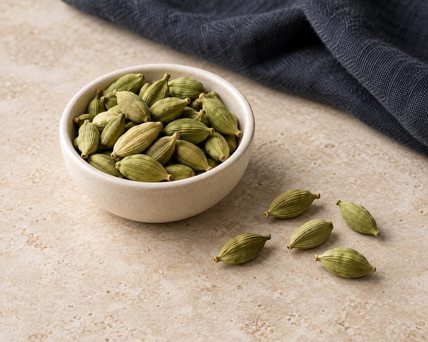 Whole closed green cardamom pods in a ceramic bowl