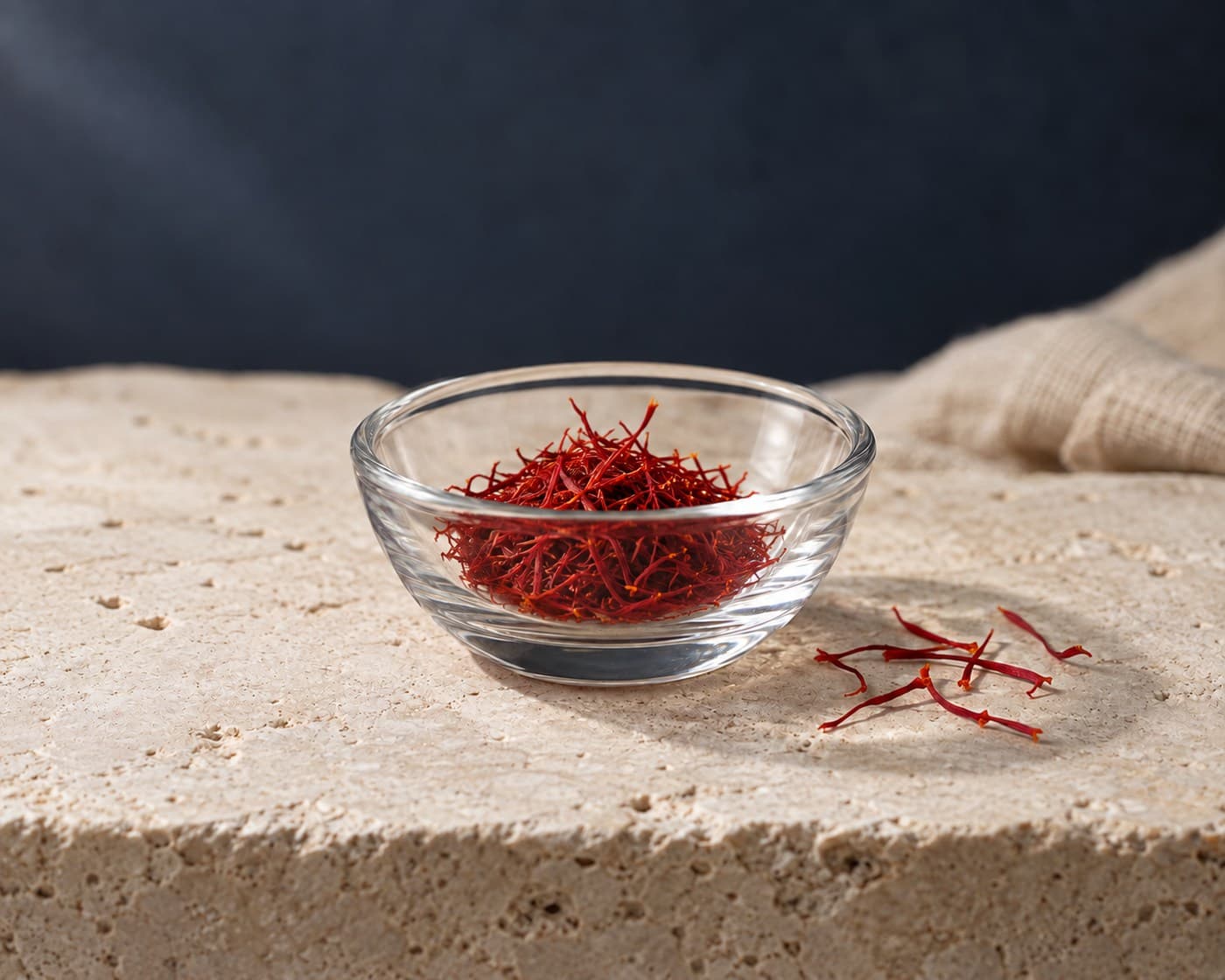 Deep-red saffron threads in a clear glass bowl