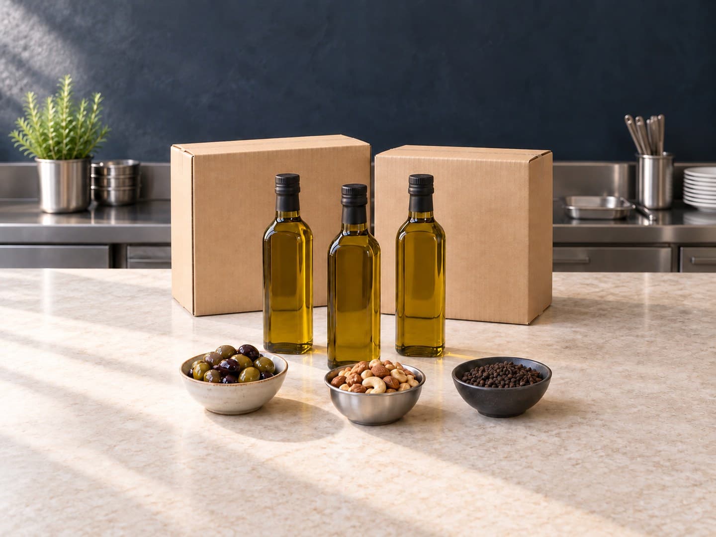 Unlabelled olive oil bottles, pantry bowls and kraft cartons prepared for hospitality supply