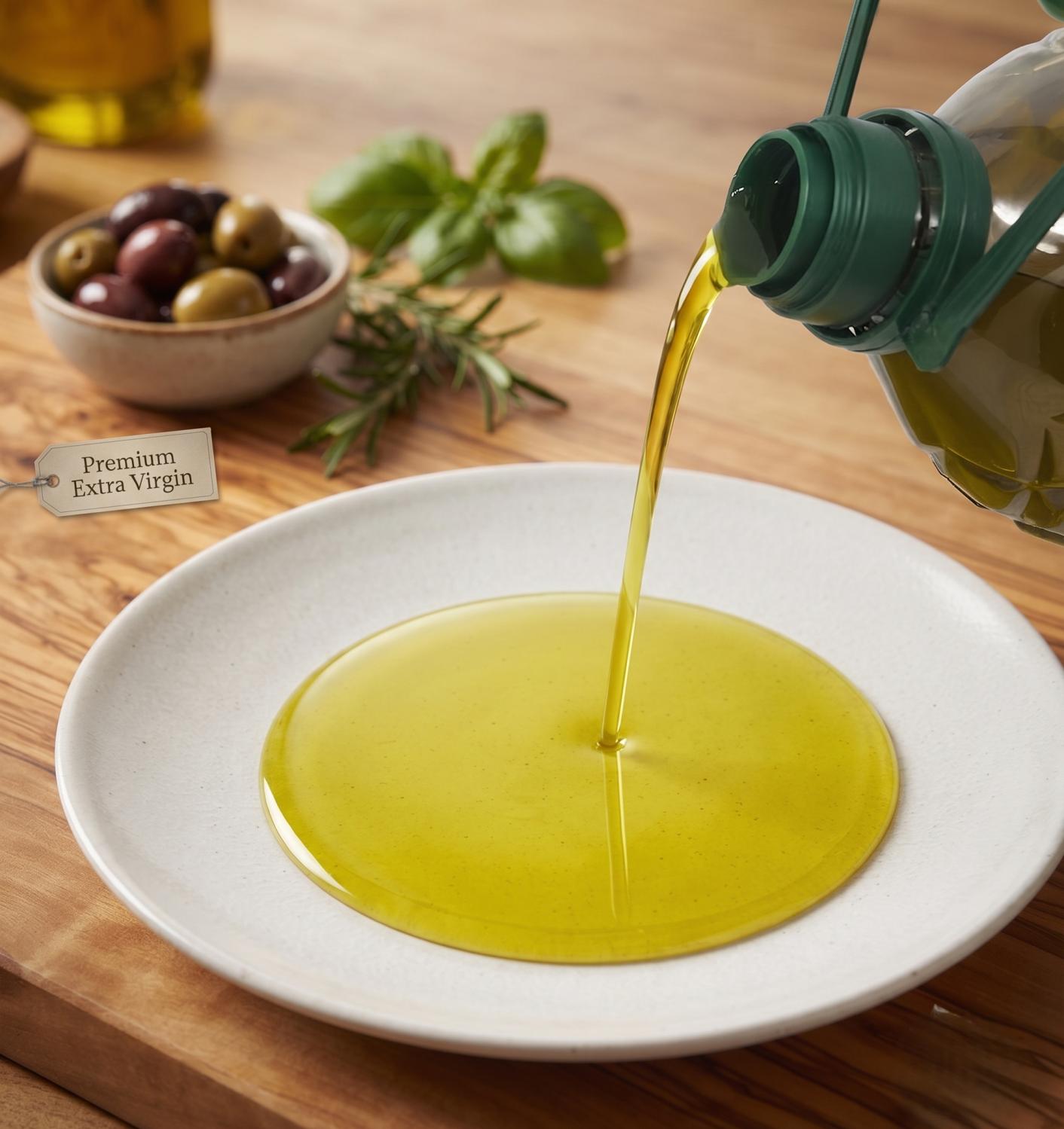 Golden olive oil being poured onto a plate